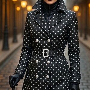 Chaps Polka Dot Trench Coat Belted Black White Double Breasted Size L Chic